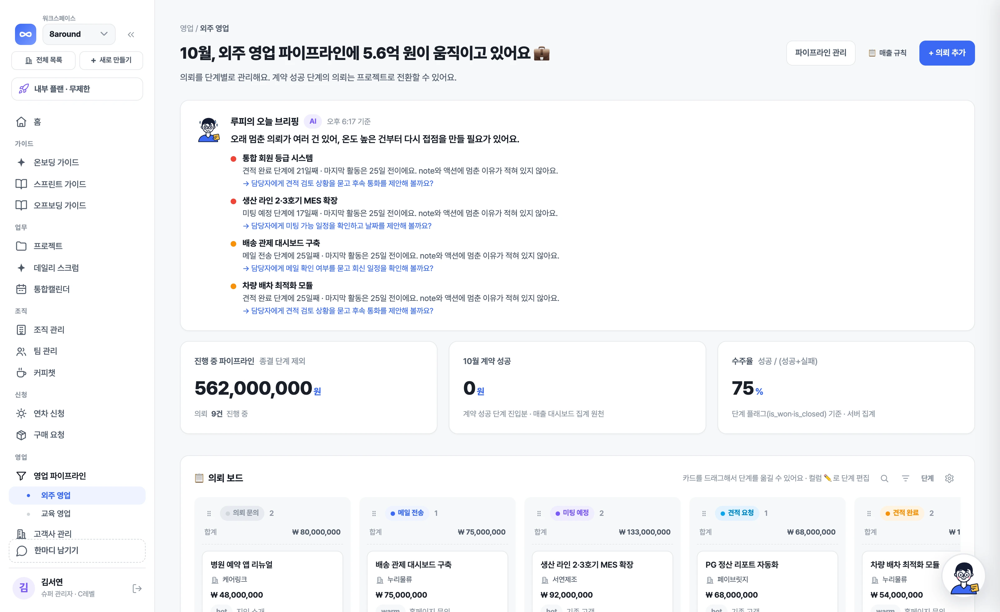 Sprintingo 영업 화면
